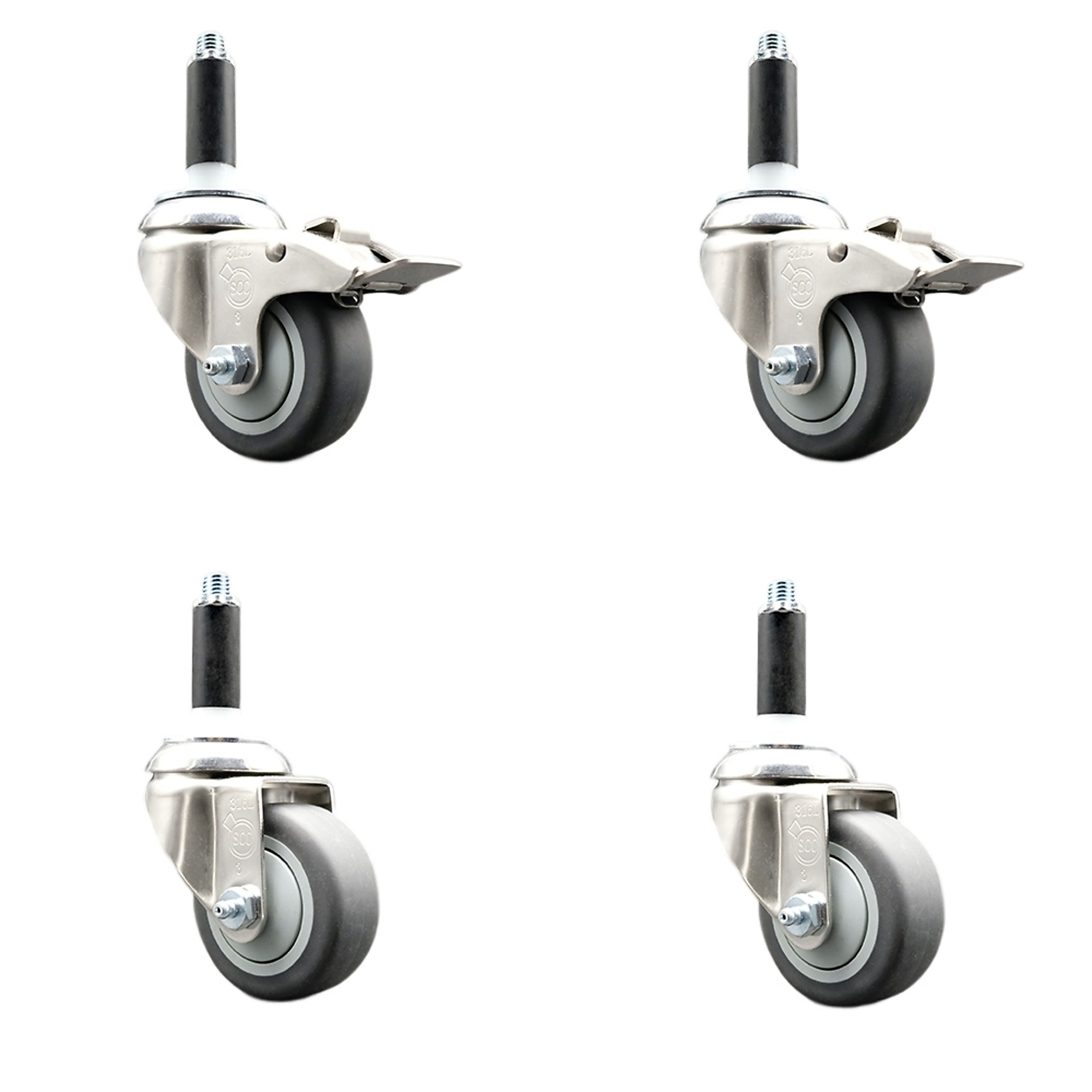 Service Caster, 3in. x 1 1/4in. Stem Casters, Wheel Diameter 3 in, Caster Type Swivel, Package (qty.) 4, Model# SCC-SS316TTLEX20S314-TPRB-2-S-2-78